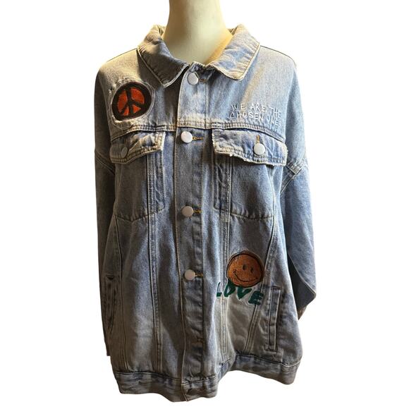 Forever 21 Embroidered Denim Jacket, Ron Bass Patches, Freedom, Peace, Size 3XL - Picture 8 of 13